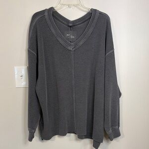 Aerie size XL V-Neck Waffle Knit Sweatshirt in Deep Charcoal Gray